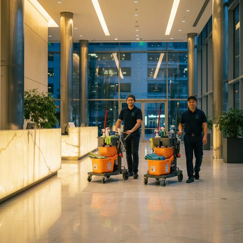 Two cleaning team members with equipment in a modern building lobby.