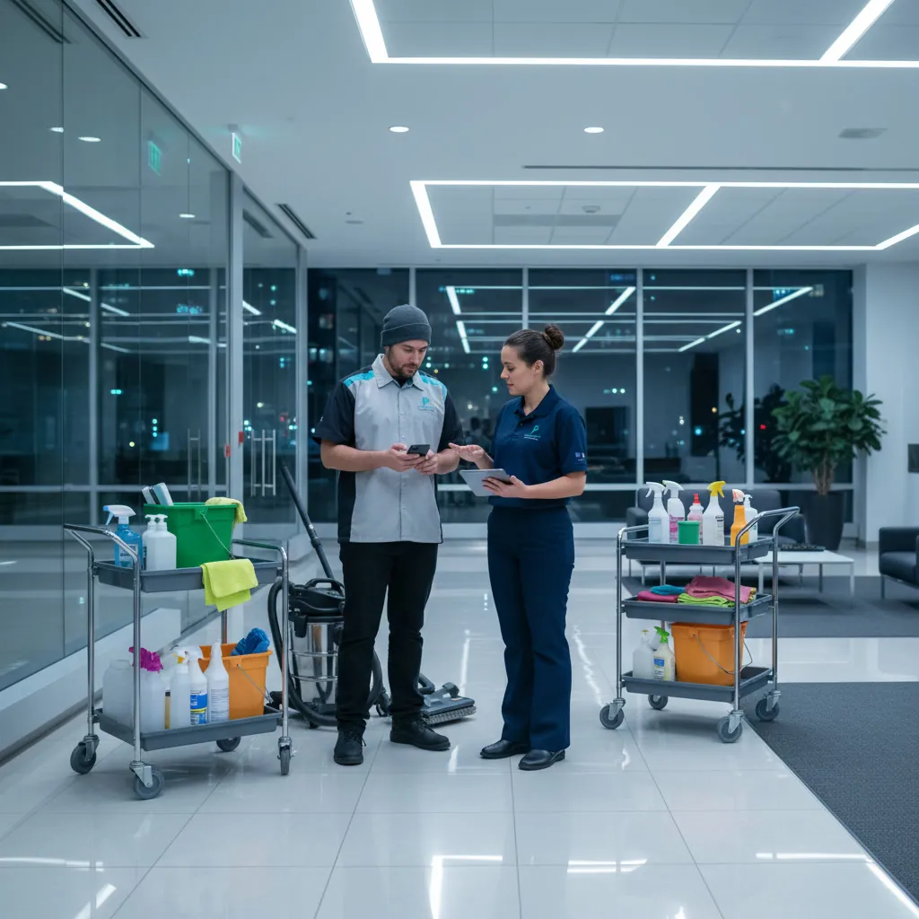 A facility team discussing work beside cleaning equipment.
