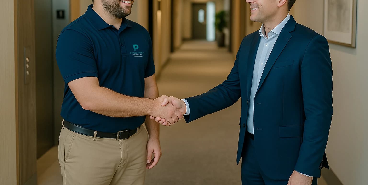 A Push Push team member and a suited representative shaking hands in a building corridor.