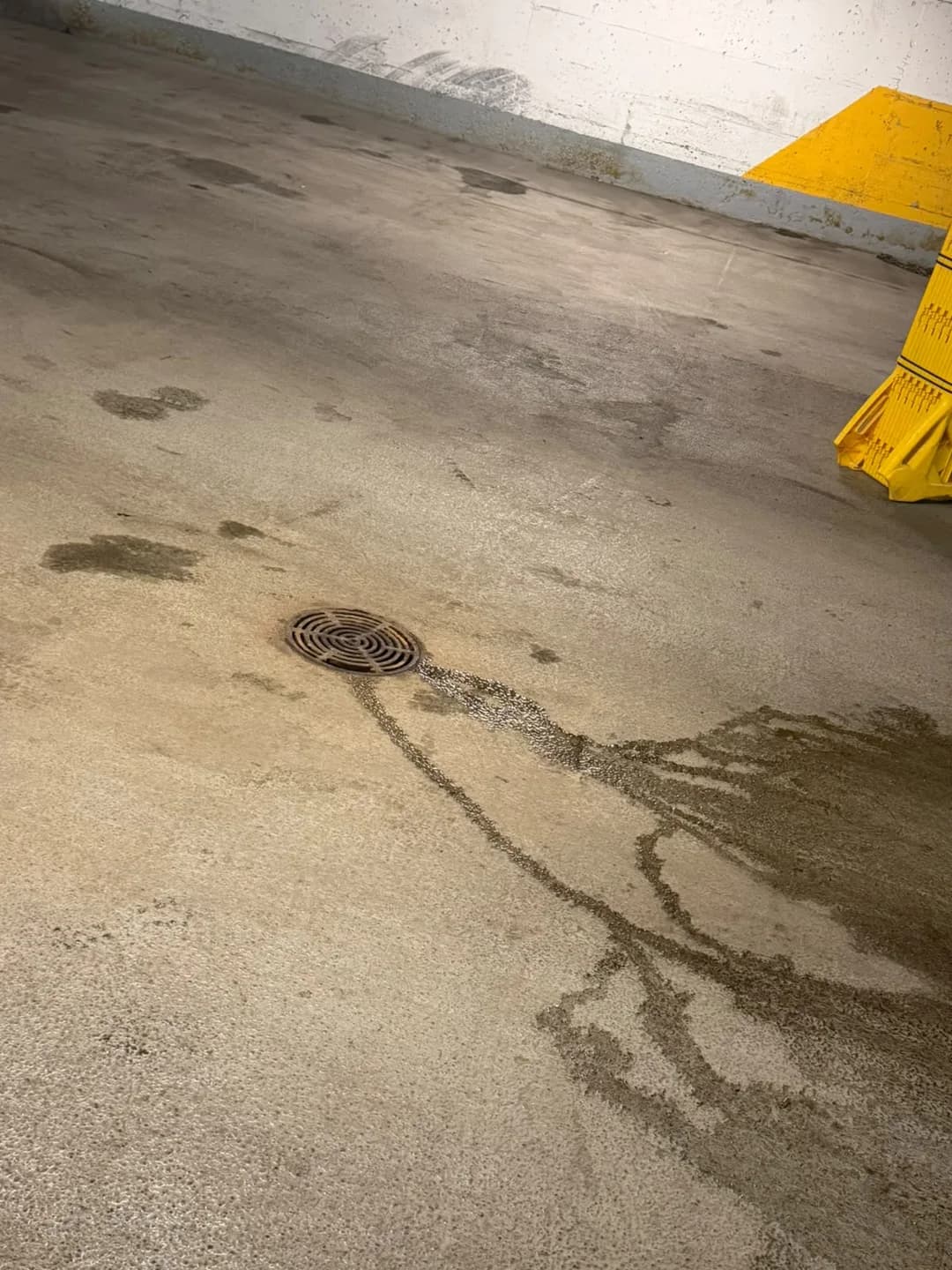 Marks and stains on the concrete floor near a drain before cleaning at 2250 Guy Street.